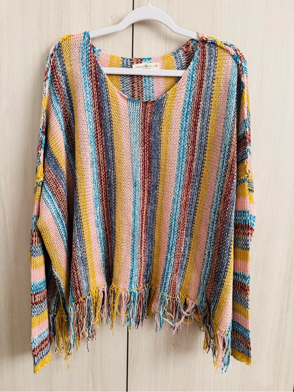 NATURAL LIFE Multicolor Striped Fringe Crewneck Sweater S/M